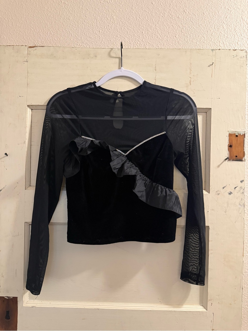 Saylor Black Velvet Mesh Rhinestone Ruffle Top Long Sleeve